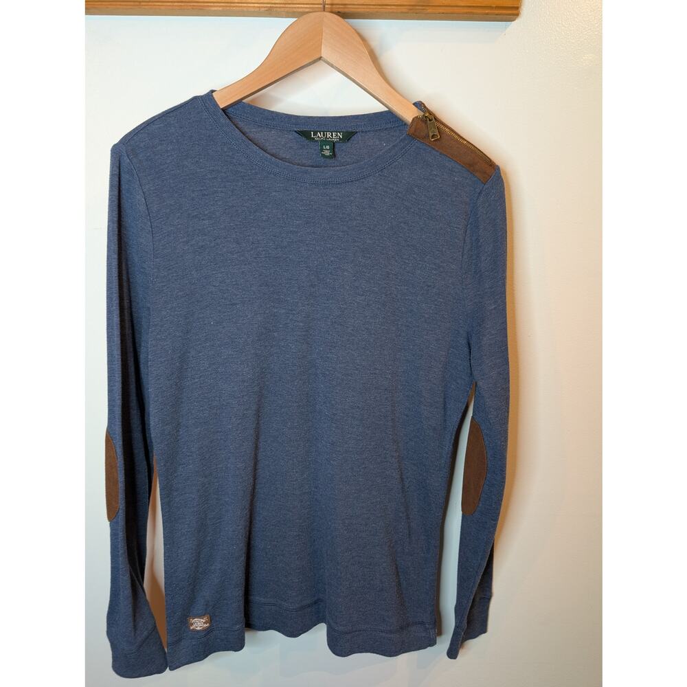 Lauren Ralph Lauren Blue Elbow Patch Long Sleeve Tee Preppy Old Money L